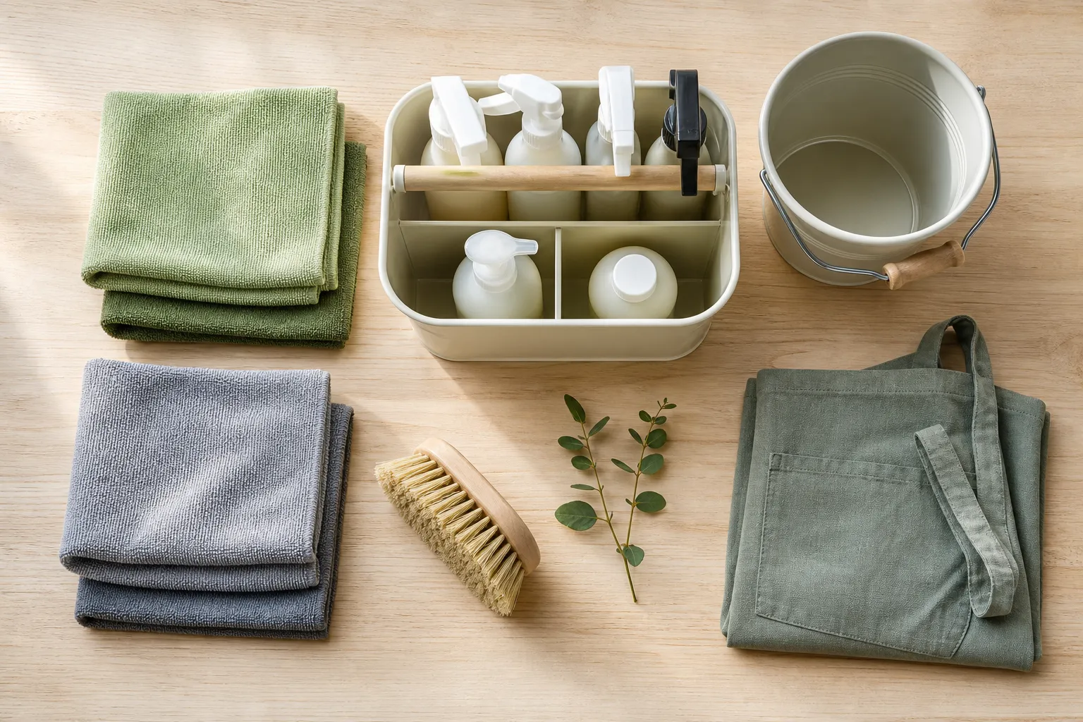 A neat flat-lay of eco-friendly cleaning cloths, supplies caddy, brush and apron on a timber bench