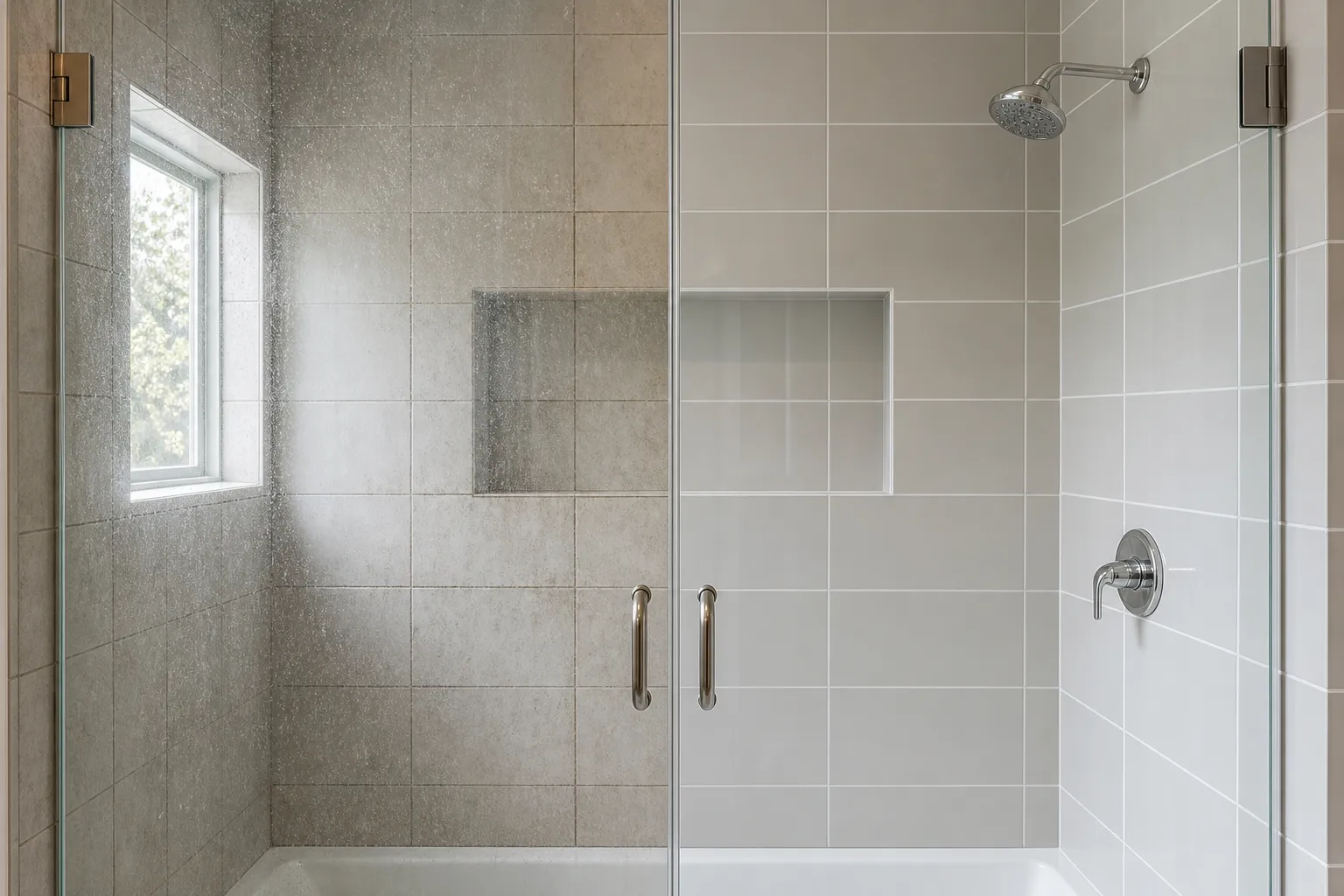 Illustrative before and after of a shower: soap scum and stains on the left, sparkling clean on the right