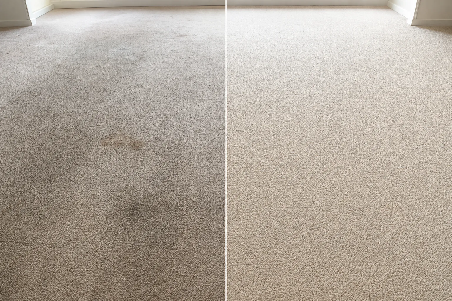Illustrative before and after of a carpet: dull and marked on the left, freshly steam-cleaned and bright on the right