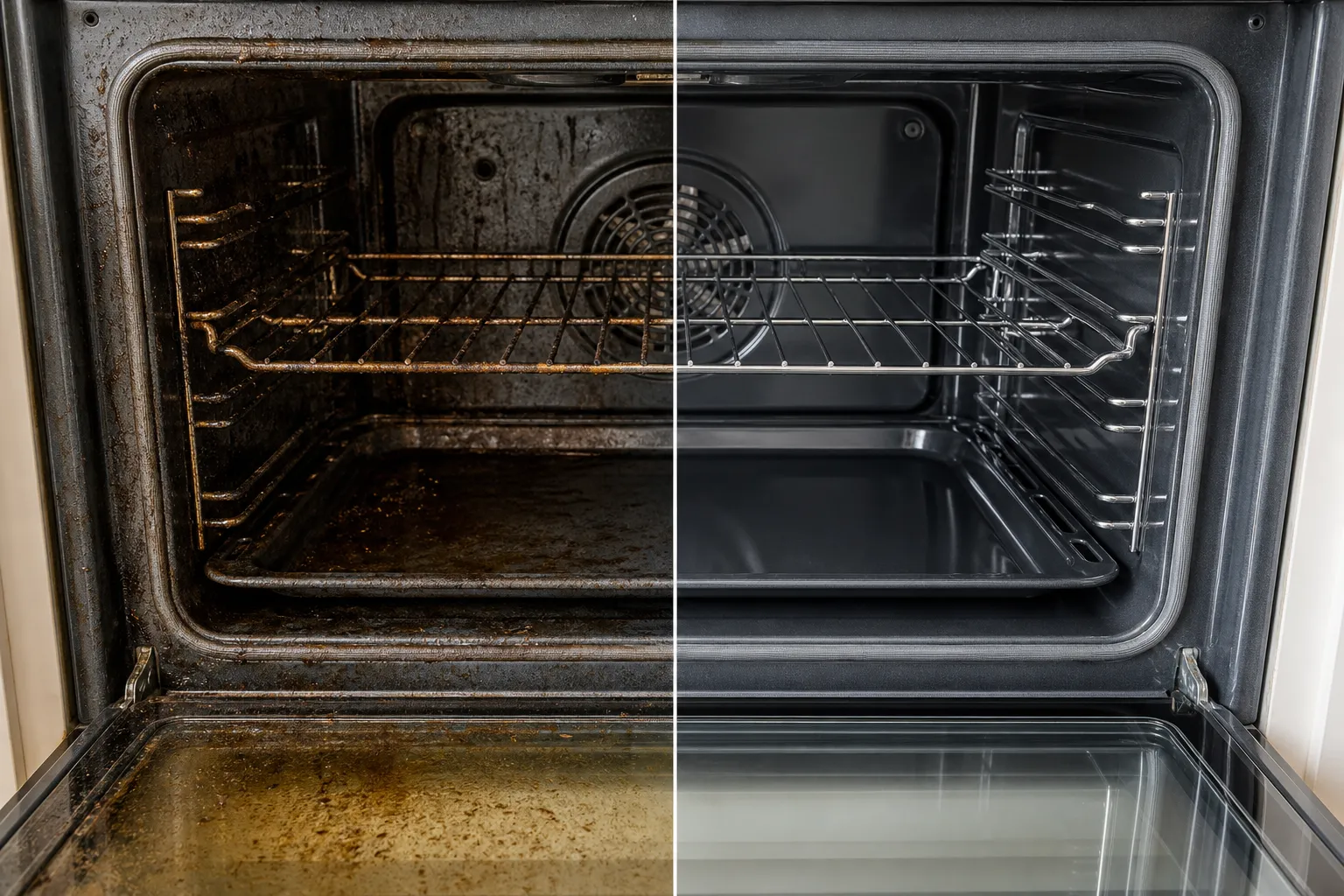 Illustrative before and after of an oven interior: greasy and burnt-on on the left, spotless on the right