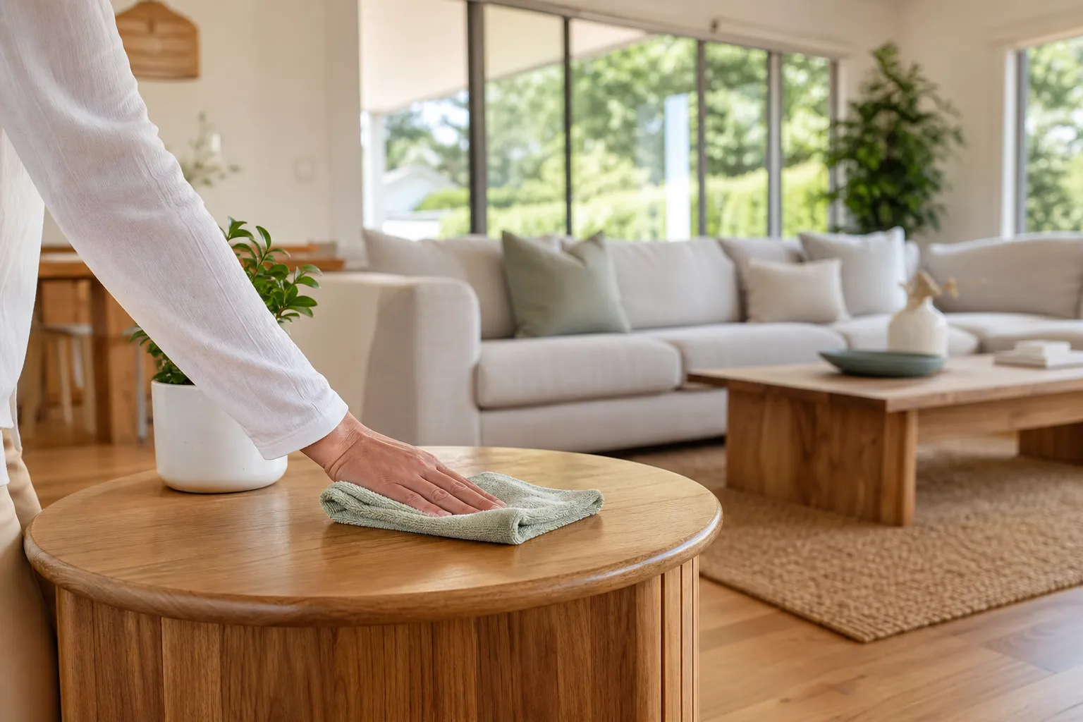 A person wiping a wooden side table in a bright, freshly cleaned New Zealand living room