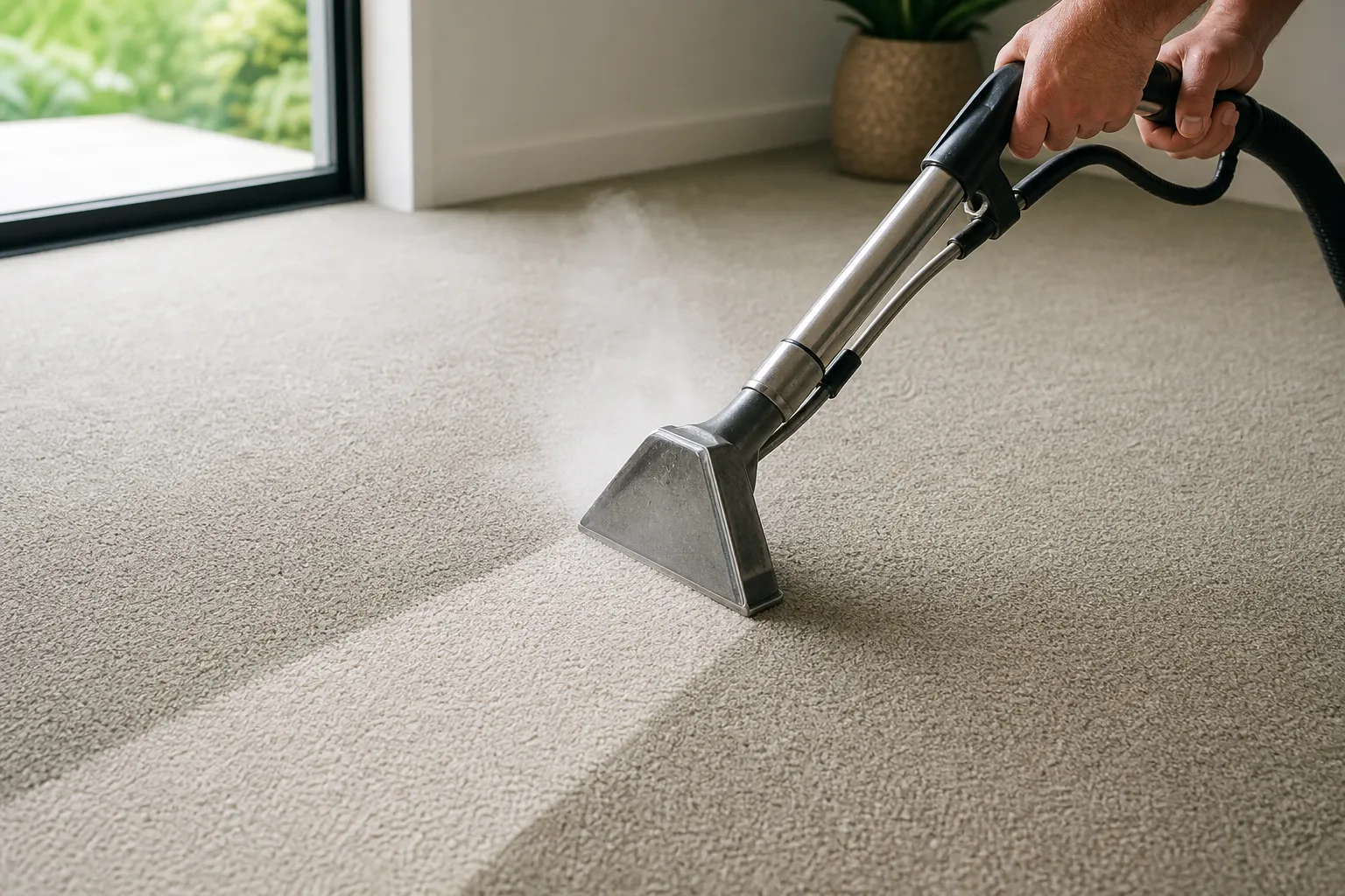 A steam extraction wand leaving a clean, bright stripe across a carpet