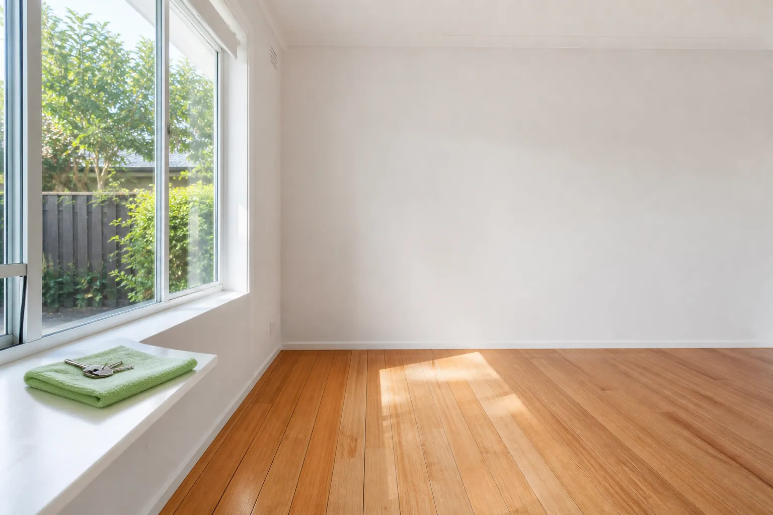 An empty, freshly cleaned rental room with sunlight and house keys on the windowsill