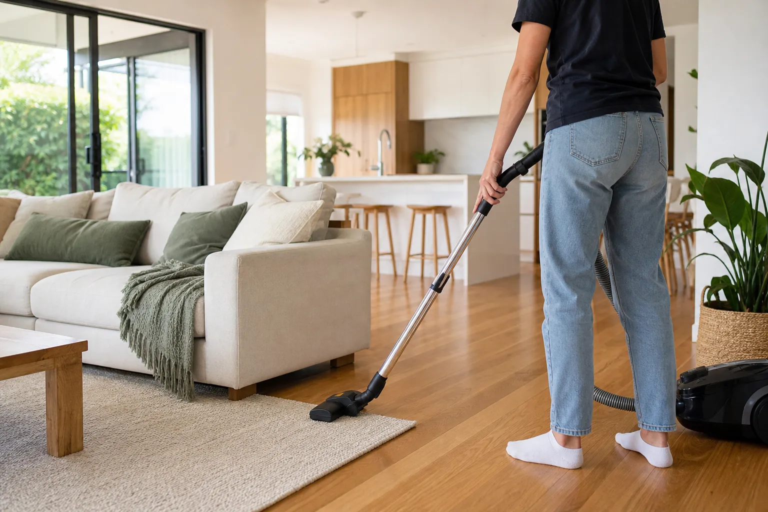 A cleaner vacuuming the rug in a bright, tidy New Zealand living room and kitchen